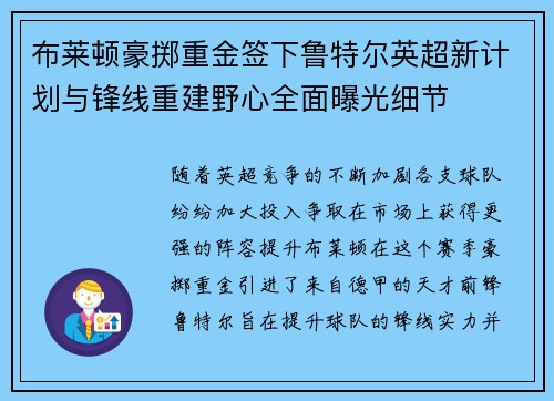 布莱顿豪掷重金签下鲁特尔英超新计划与锋线重建野心全面曝光细节